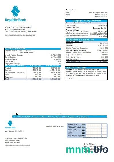 Barbados Bank Republic wyciąg z kredytu hipotecznego szablon Word i PDF